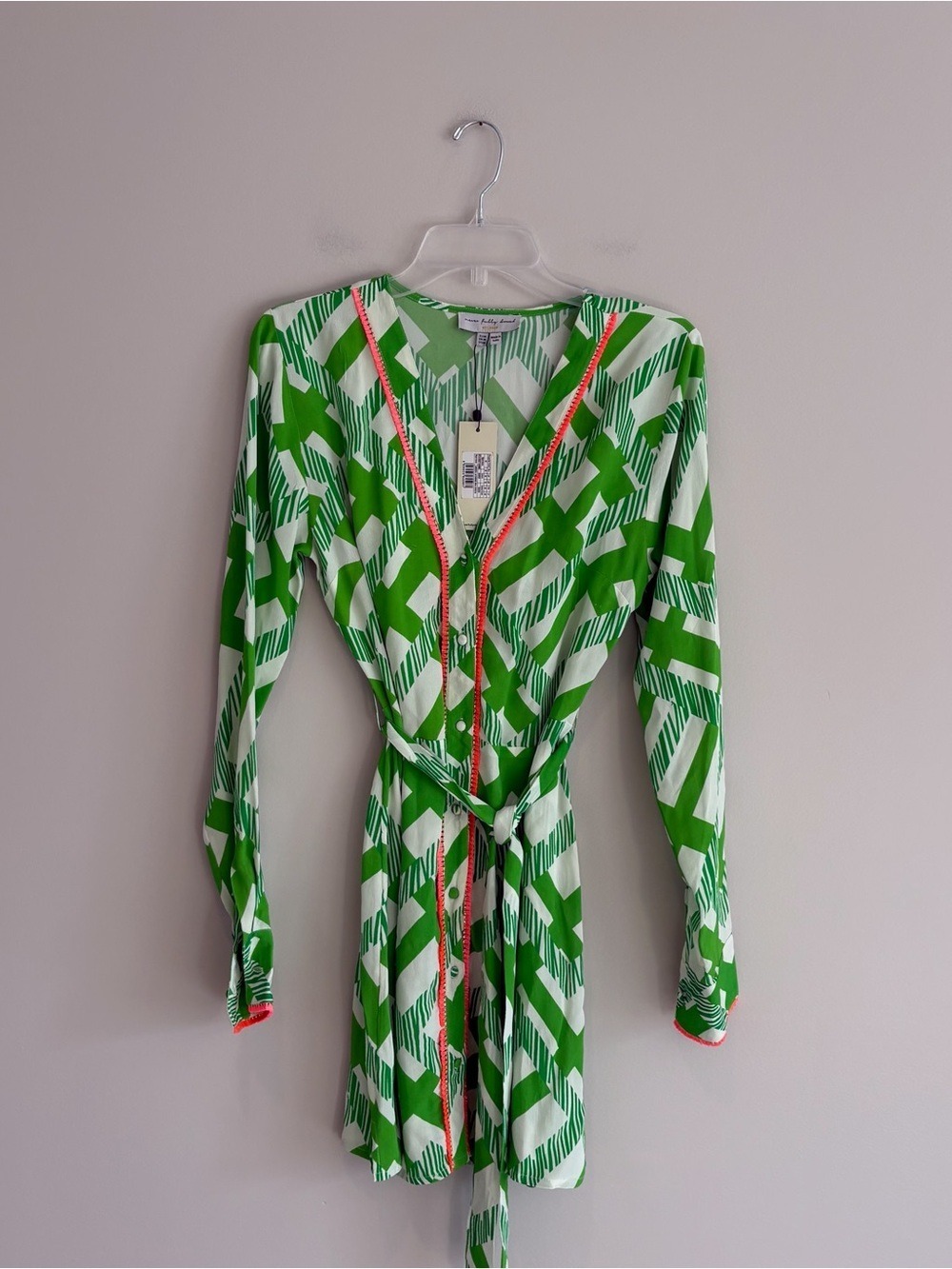 Never Fully Dressed Green and White Long Sleeve Wrap Dress with Coral Trim